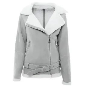 Elegant Women's Grey Suede Shearling Jacket - Chic & Warm