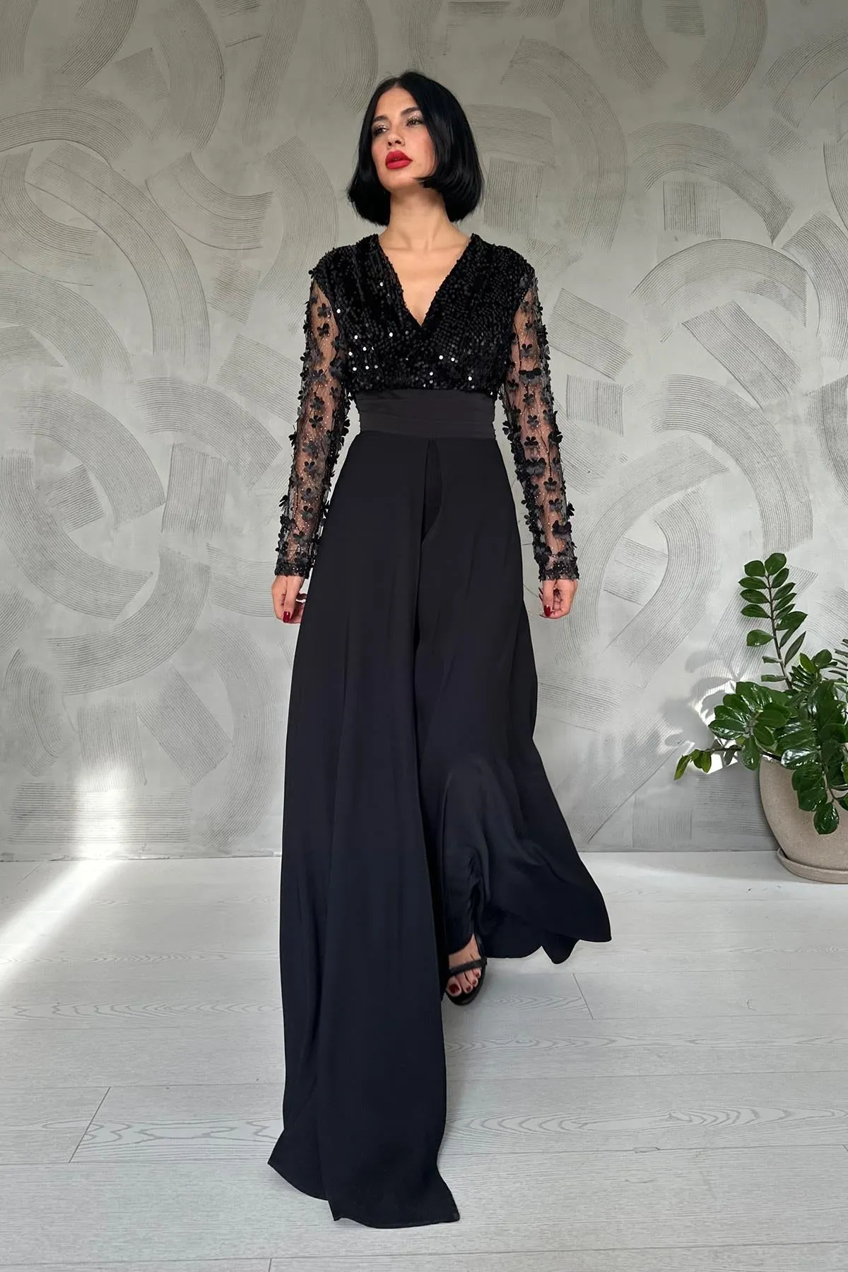 ELS Sleeve Tulle Skirt Jumpsuit - Black - Janesville