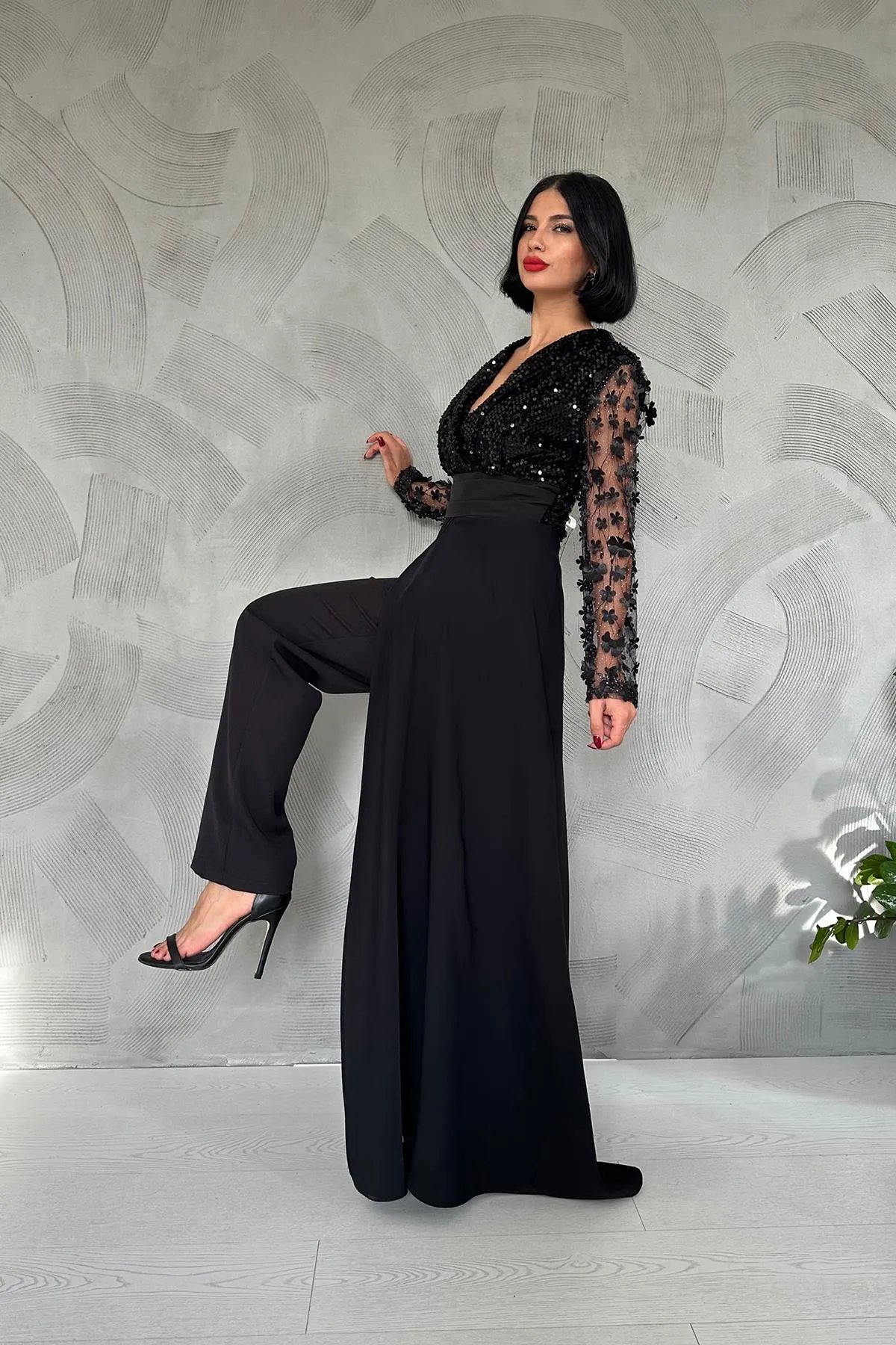 ELS Sleeve Tulle Skirt Jumpsuit - Black - Janesville