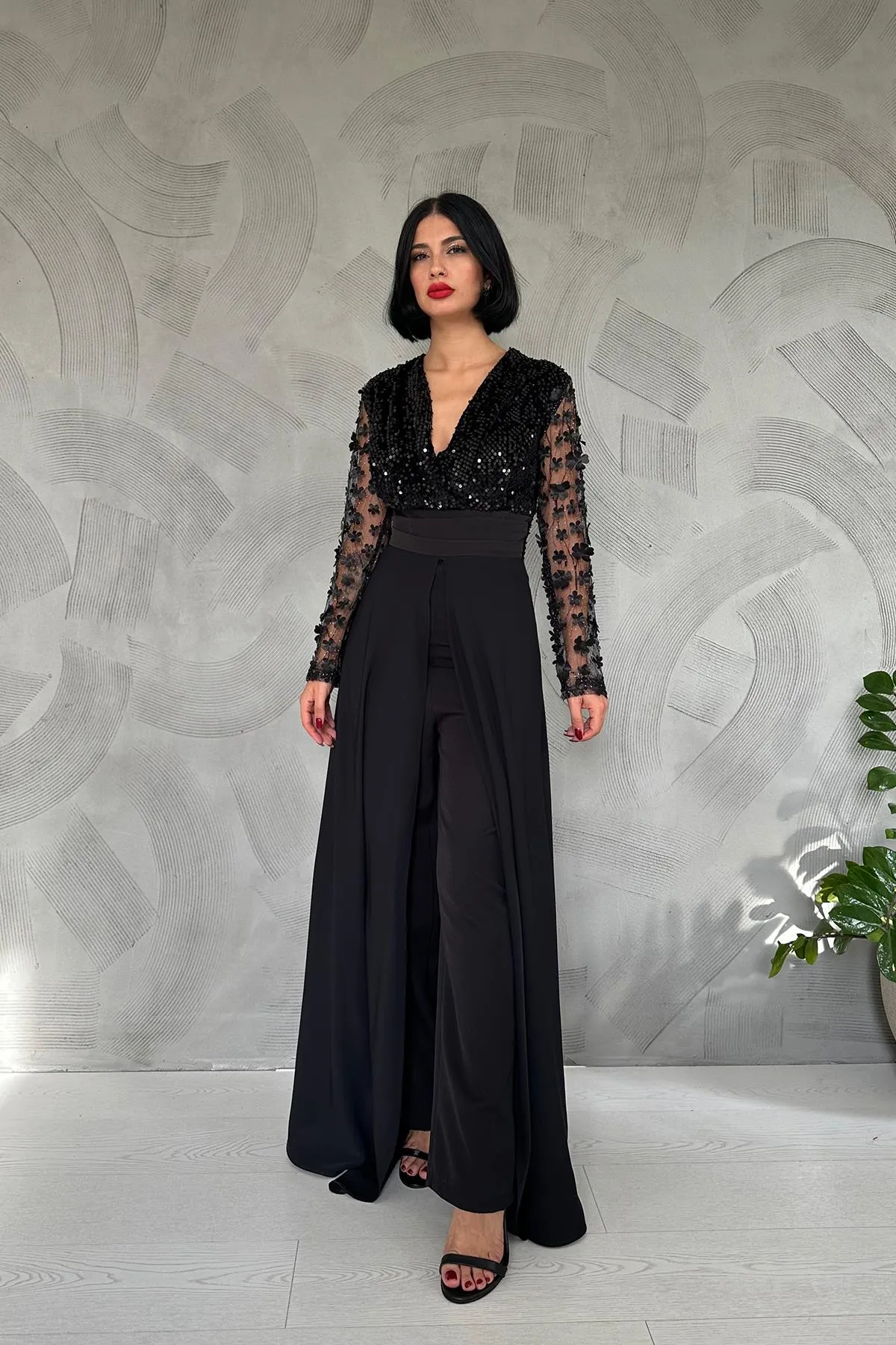 ELS Sleeve Tulle Skirt Jumpsuit - Black - Janesville