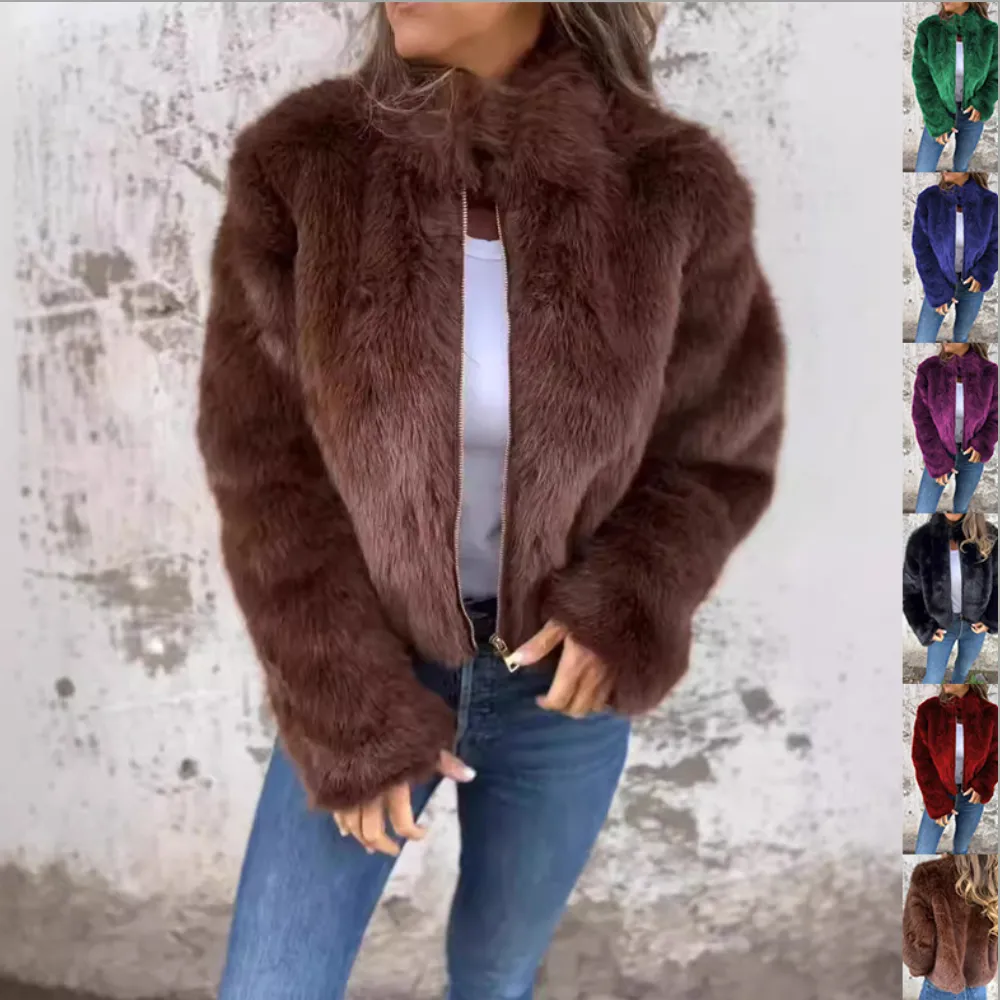 Fashion Stand Collar Plush Jacket Winter Casual Turtleneck Zipper Coat Fleece Tops Women's Clothing