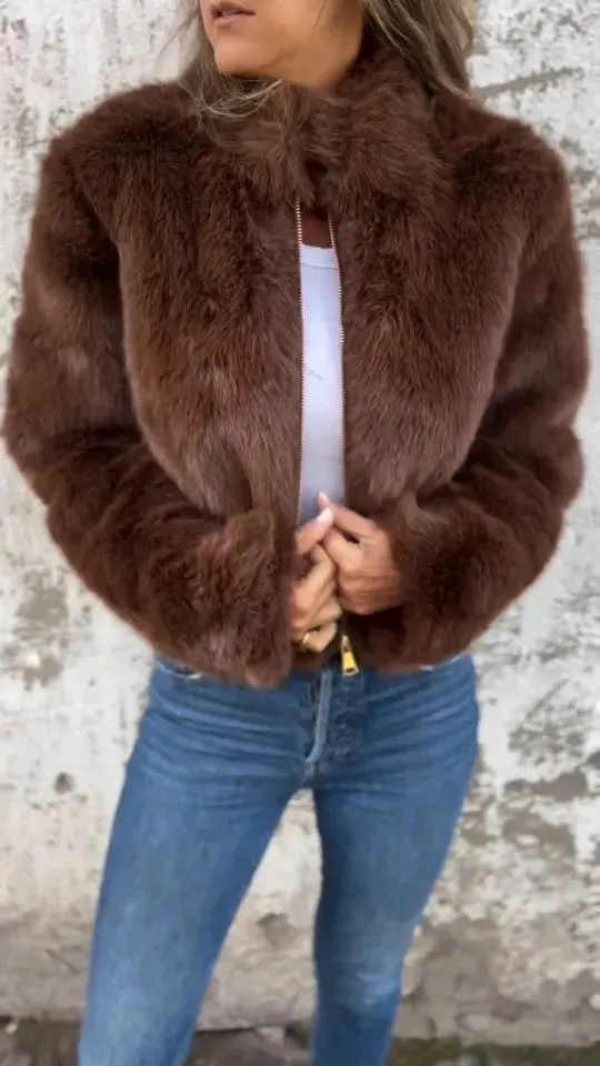 Fashion Stand Collar Plush Jacket Winter Casual Turtleneck Zipper Coat Fleece Tops Women's Clothing