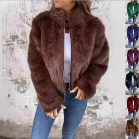 Fashion Stand Collar Plush Jacket Winter Casual Turtleneck Zipper Coat Fleece Tops Women's Clothing
