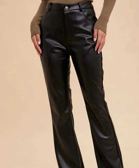 Flared Vegan Leather Pants - Black