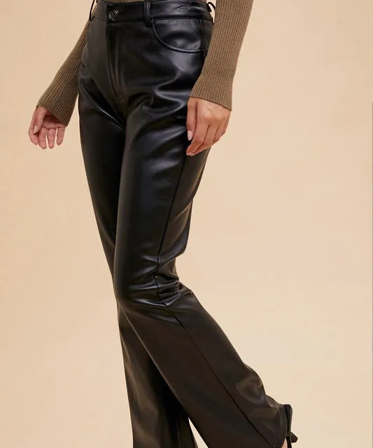 Flared Vegan Leather Pants - Black
