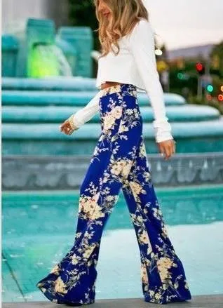 Flower Print Straight Casual High Waist Flared Pants