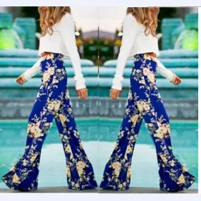 Flower Print Straight Casual High Waist Flared Pants