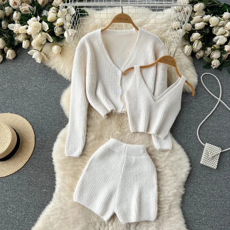 Fuzzy Knitted Vest With Cardigan and Shorts