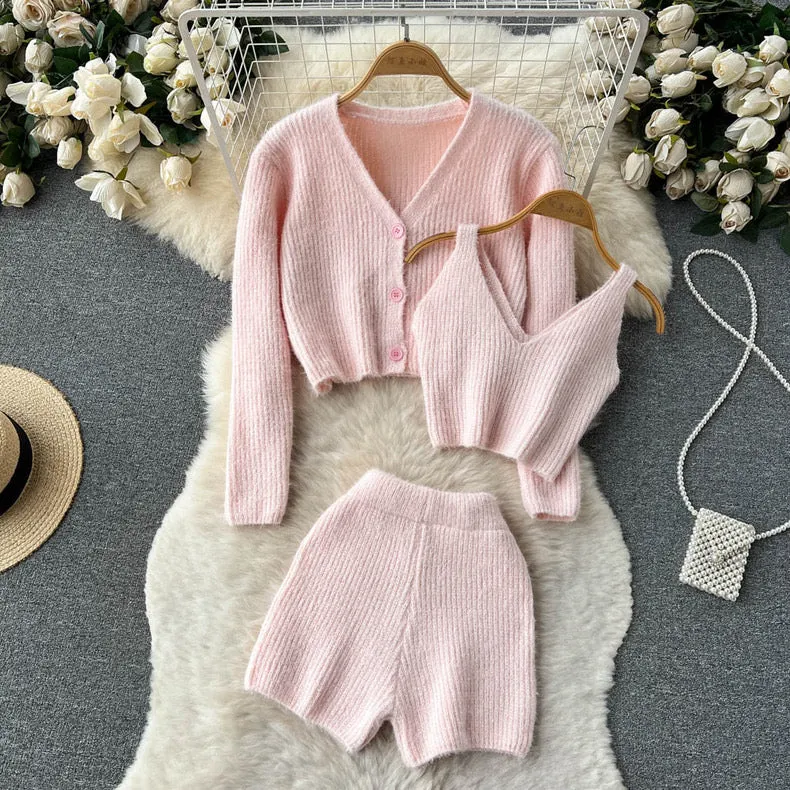 Fuzzy Knitted Vest With Cardigan and Shorts