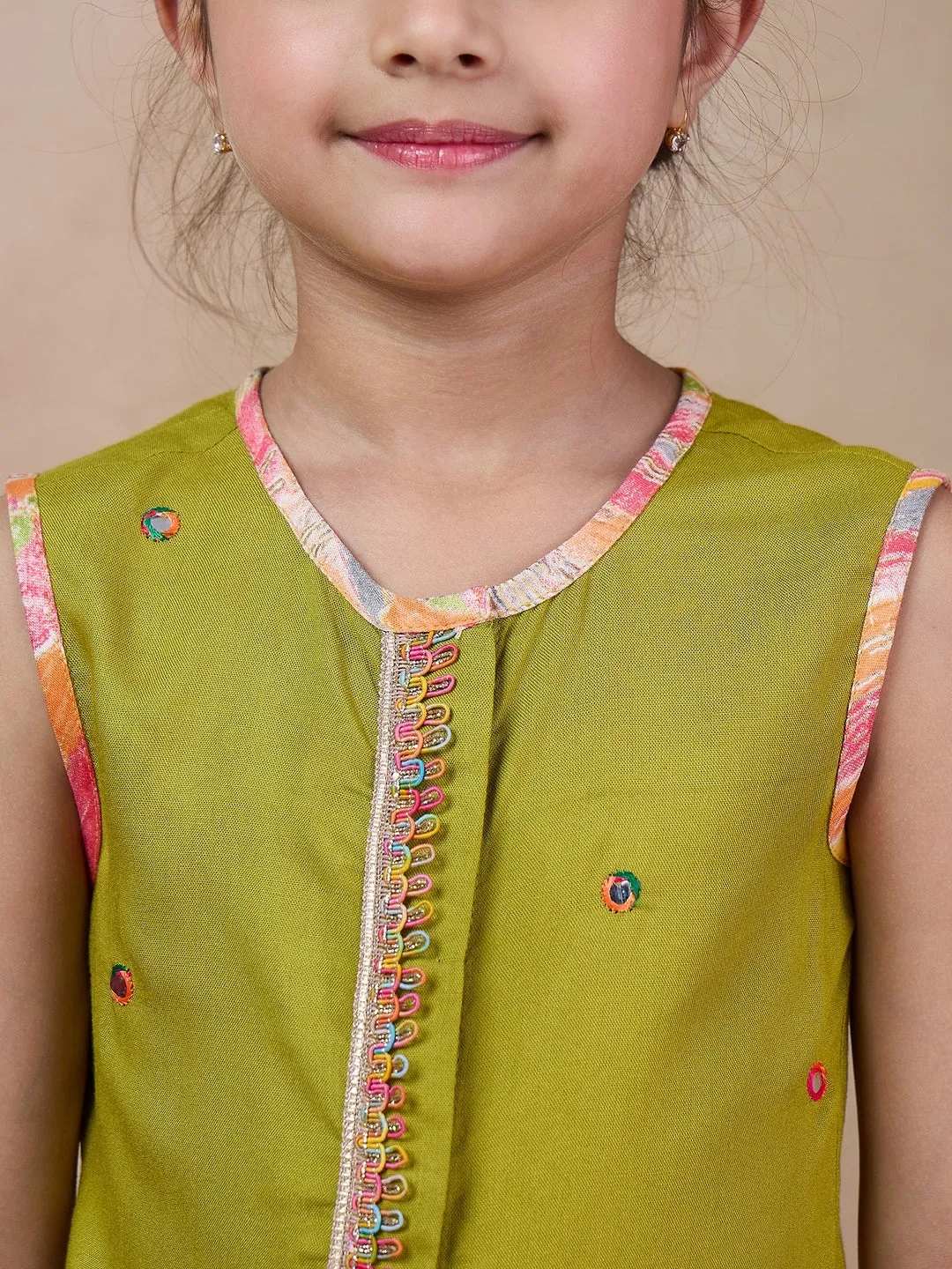 Girls Floral Embroidered Sleeveless A-Line Sequinned Kurti With Dhoti Pants (DH-MULTIDHOTI)