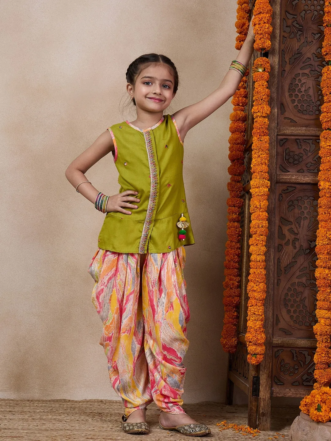 Girls Floral Embroidered Sleeveless A-Line Sequinned Kurti With Dhoti Pants (DH-MULTIDHOTI)