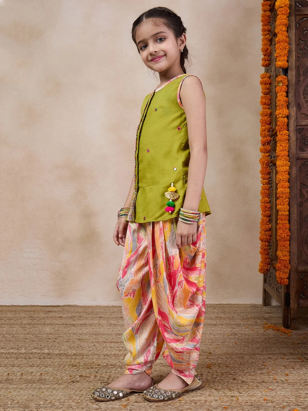 Girls Floral Embroidered Sleeveless A-Line Sequinned Kurti With Dhoti Pants (DH-MULTIDHOTI)