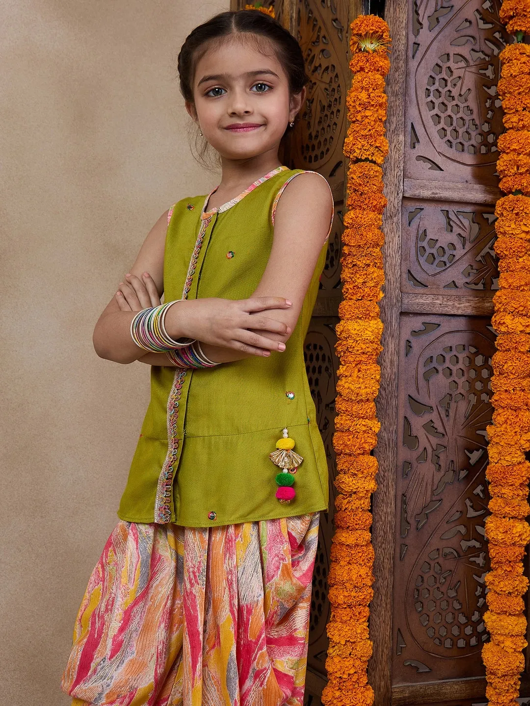 Girls Floral Embroidered Sleeveless A-Line Sequinned Kurti With Dhoti Pants (DH-MULTIDHOTI)