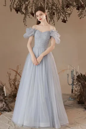 Gray Tulle Long A-Line Prom Dress, Off the Shoulder Formal Dress