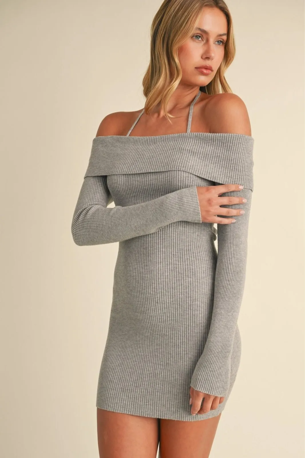 Grey Off Shoulder Halter Strap Sweater Mini Dress