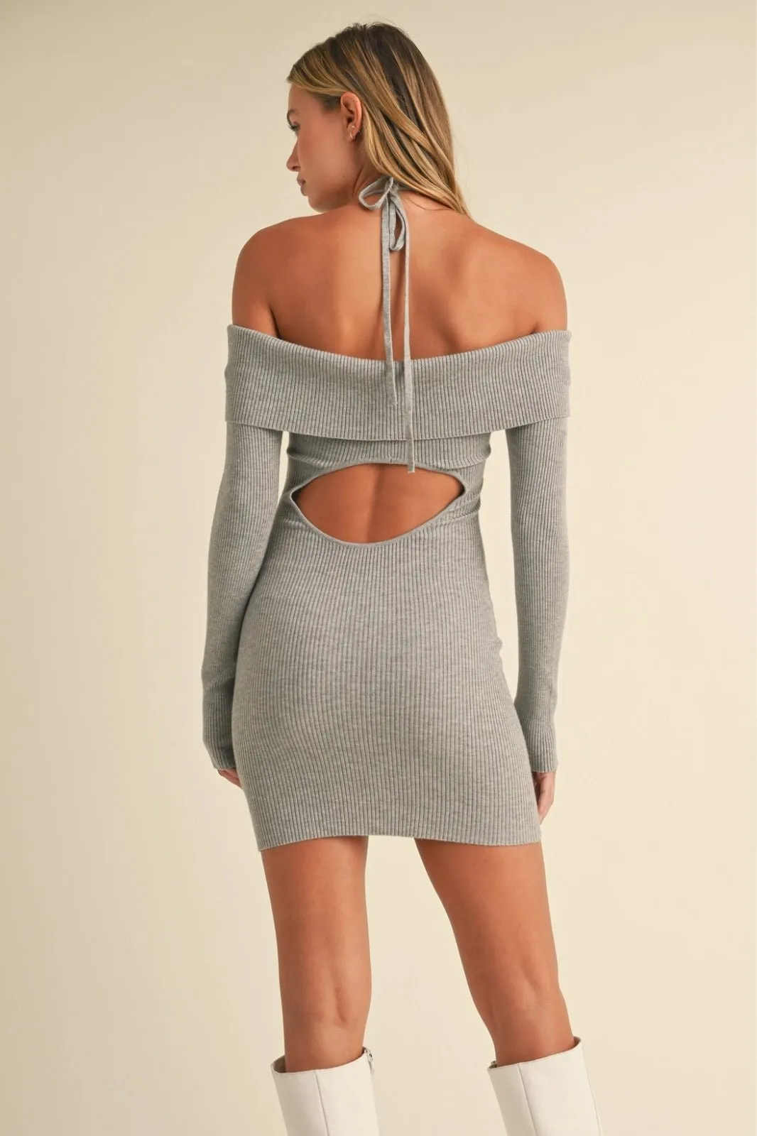 Grey Off Shoulder Halter Strap Sweater Mini Dress