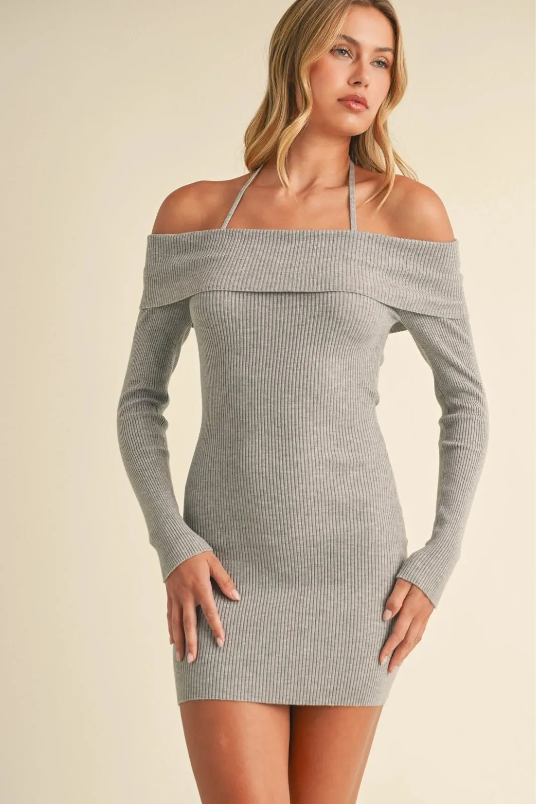 Grey Off Shoulder Halter Strap Sweater Mini Dress