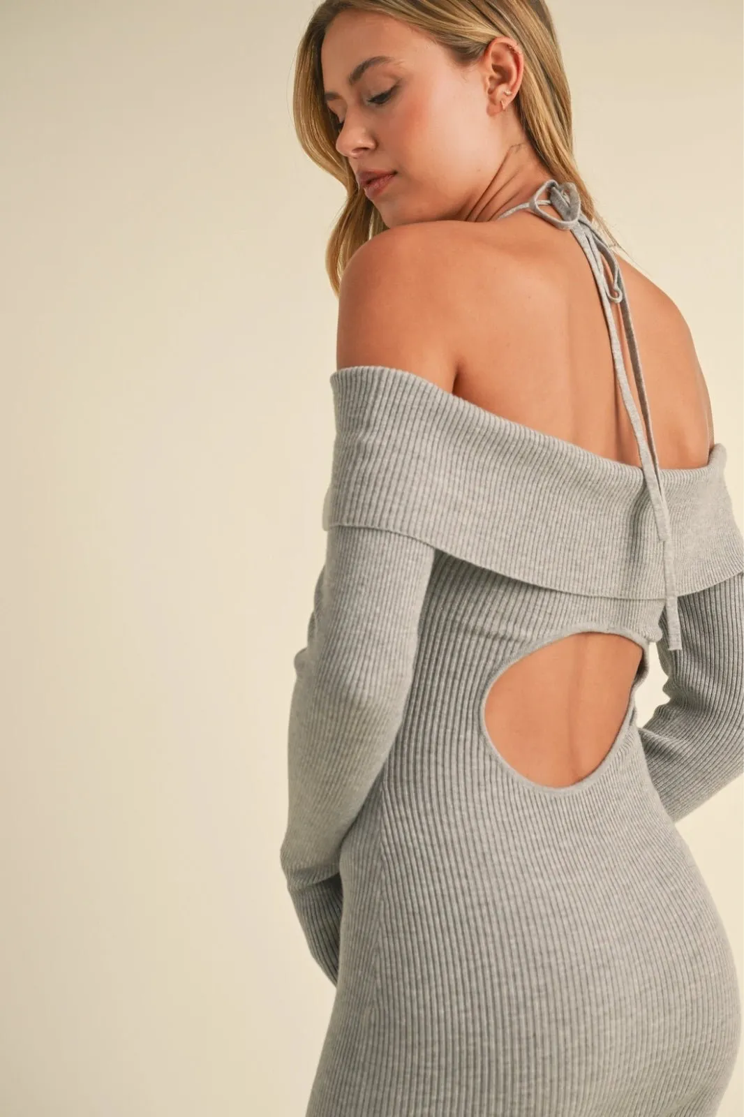 Grey Off Shoulder Halter Strap Sweater Mini Dress