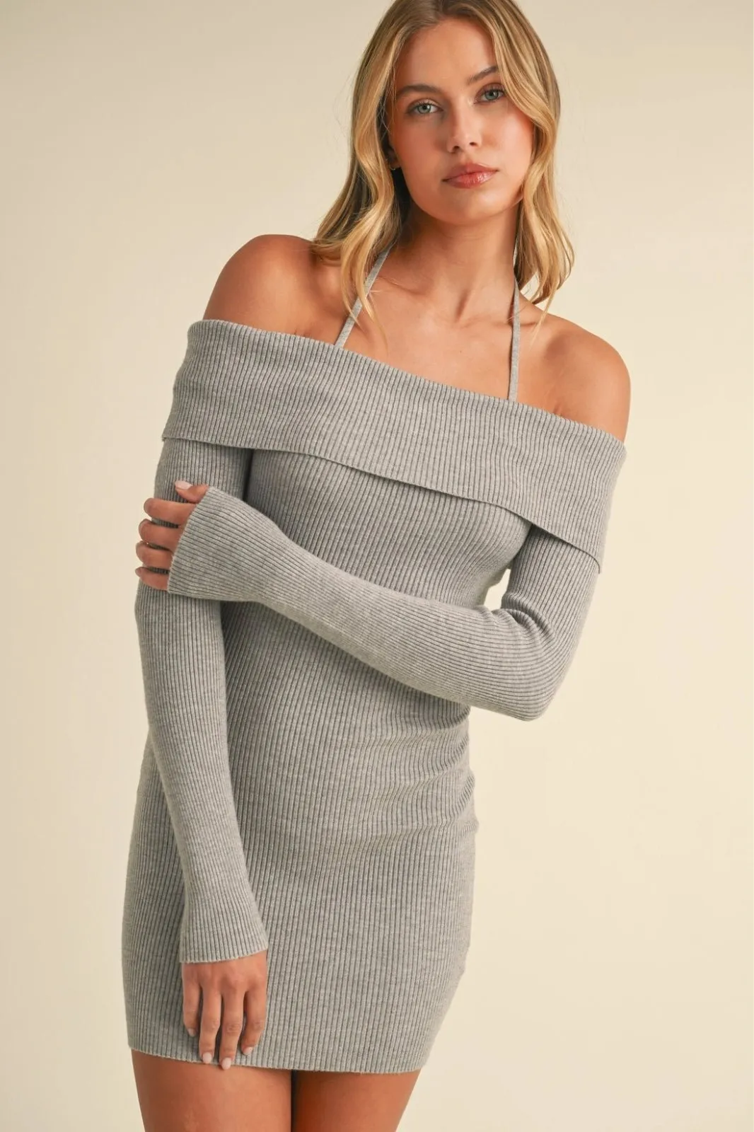 Grey Off Shoulder Halter Strap Sweater Mini Dress