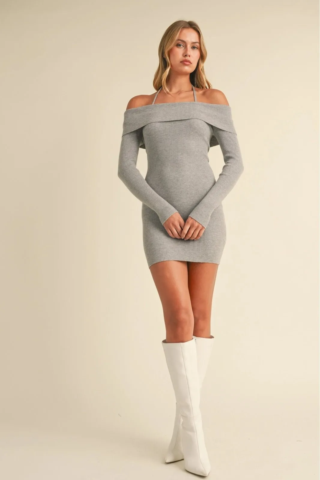 Grey Off Shoulder Halter Strap Sweater Mini Dress