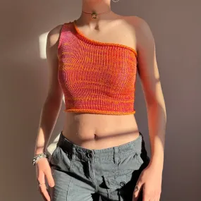 Handmade knitted metallic asymmetrical one shoulder top in orange and pink