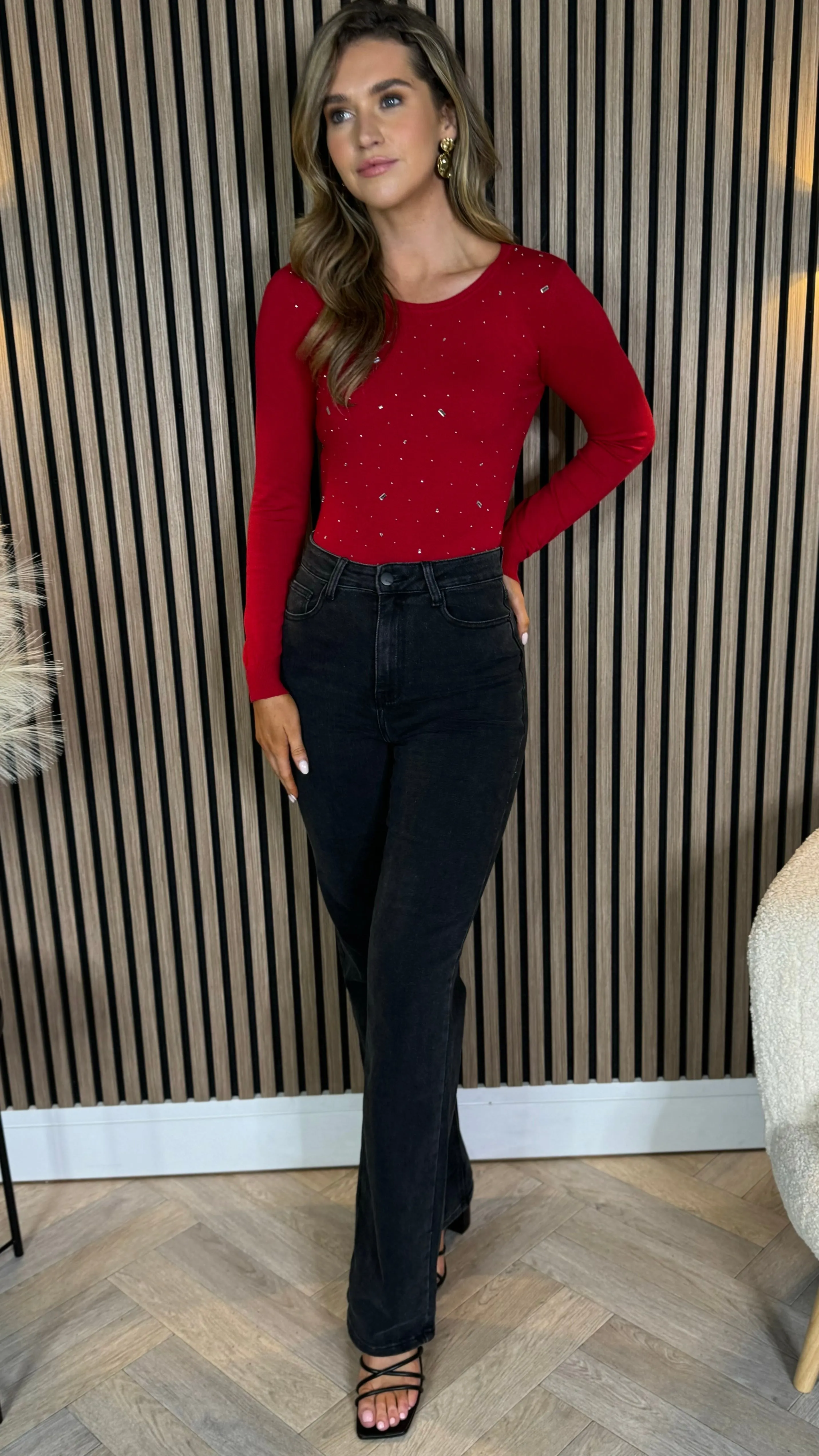 Harmony Red Embellished Detail Fine Knit Bodysuit