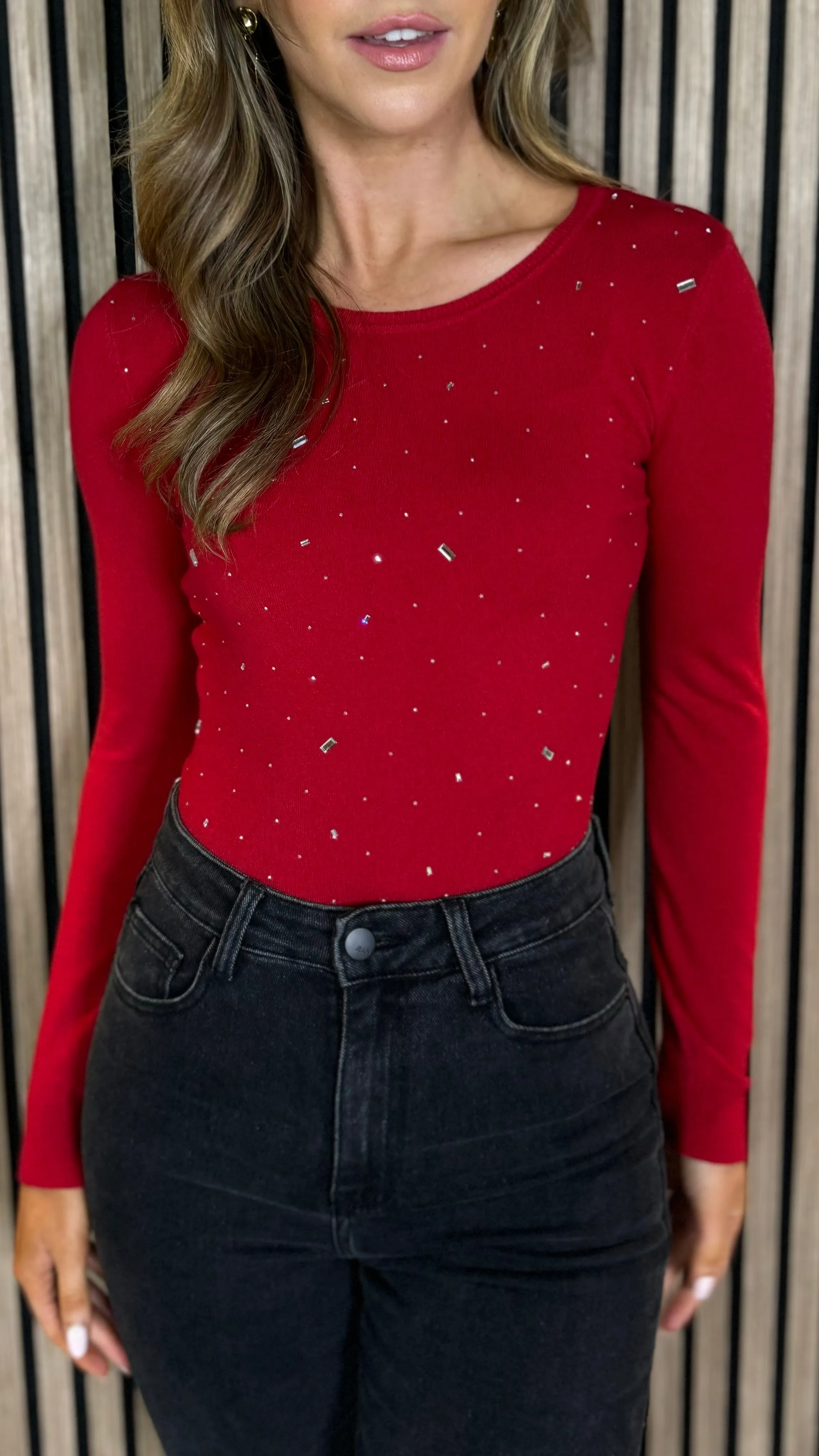 Harmony Red Embellished Detail Fine Knit Bodysuit