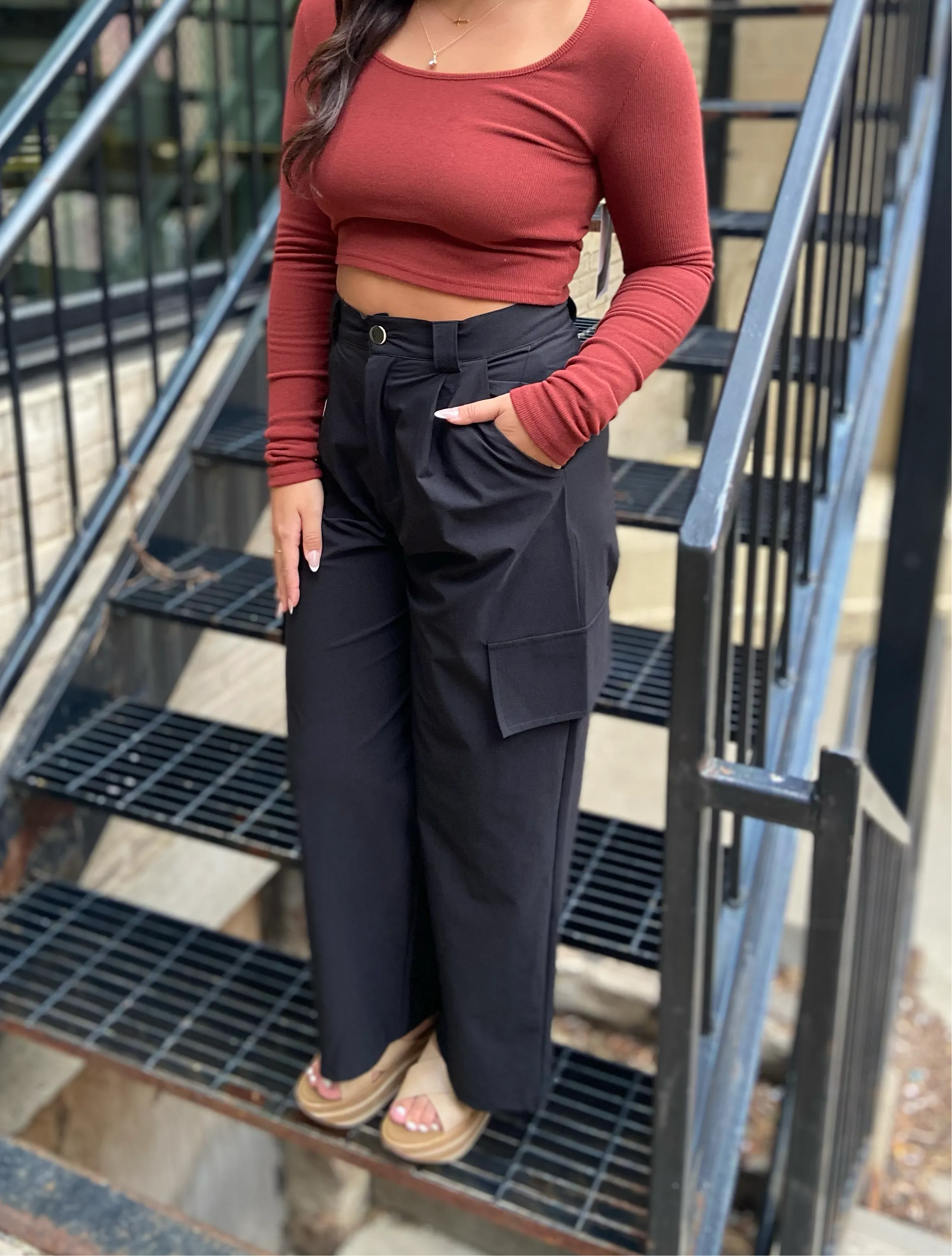 Heather Black Wide Leg Cargo Pants