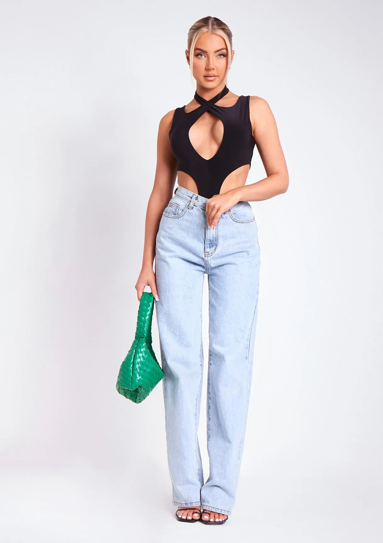 Kayleigh Black Double Layer Cross Over Bodysuit