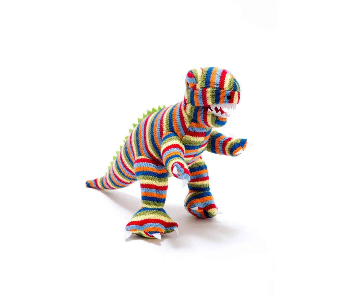 Knitted Rainbow Stripe T Rex Dinosaur