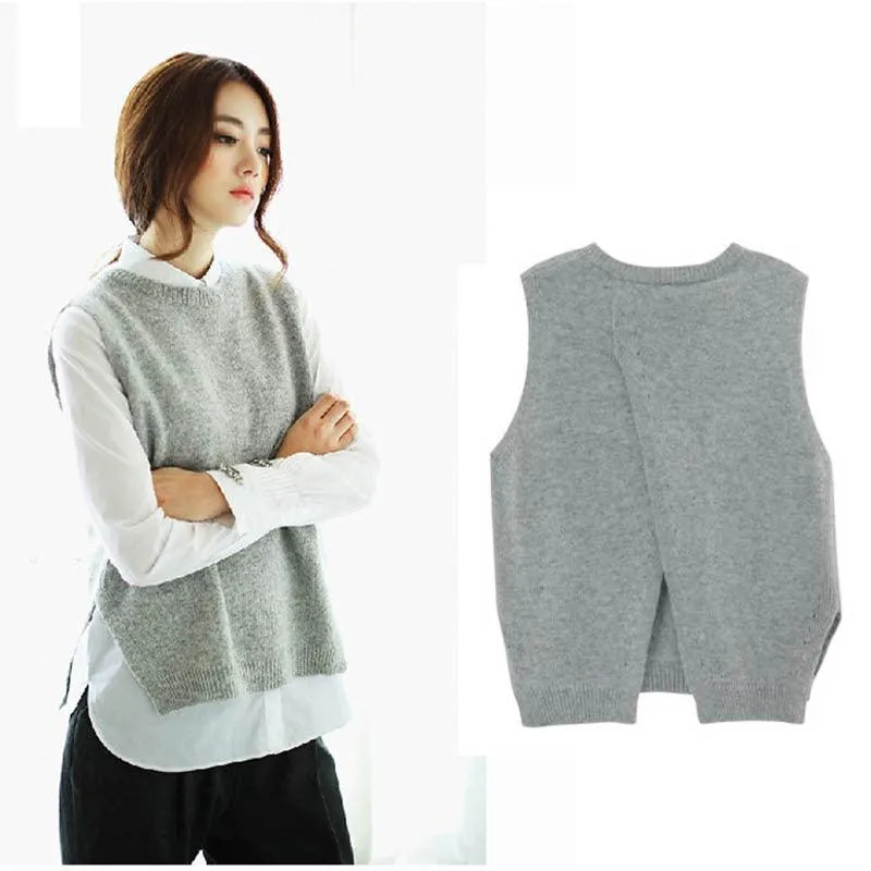 Knitted Women's Vests Korean Style Crew Neck Pullover Sweater