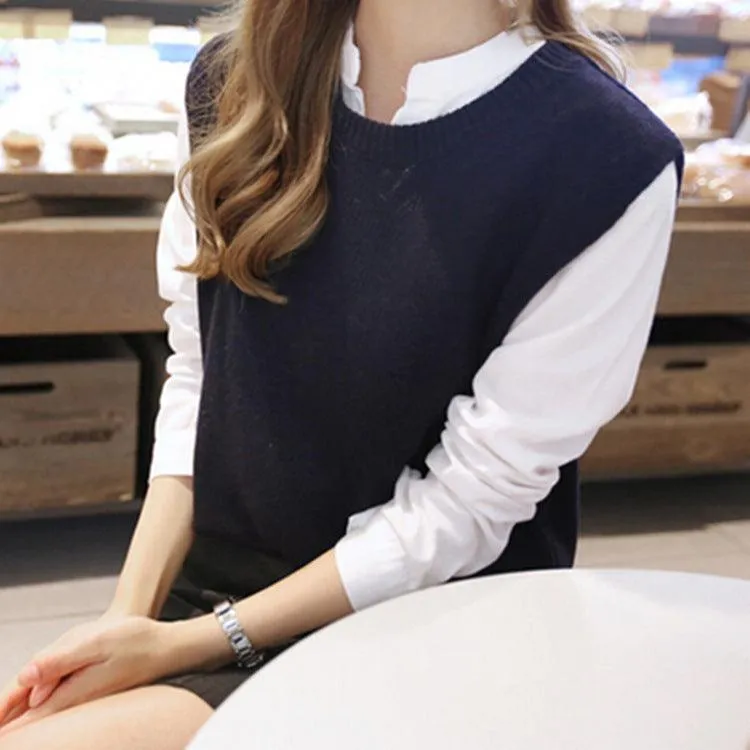 Knitted Women's Vests Korean Style Crew Neck Pullover Sweater