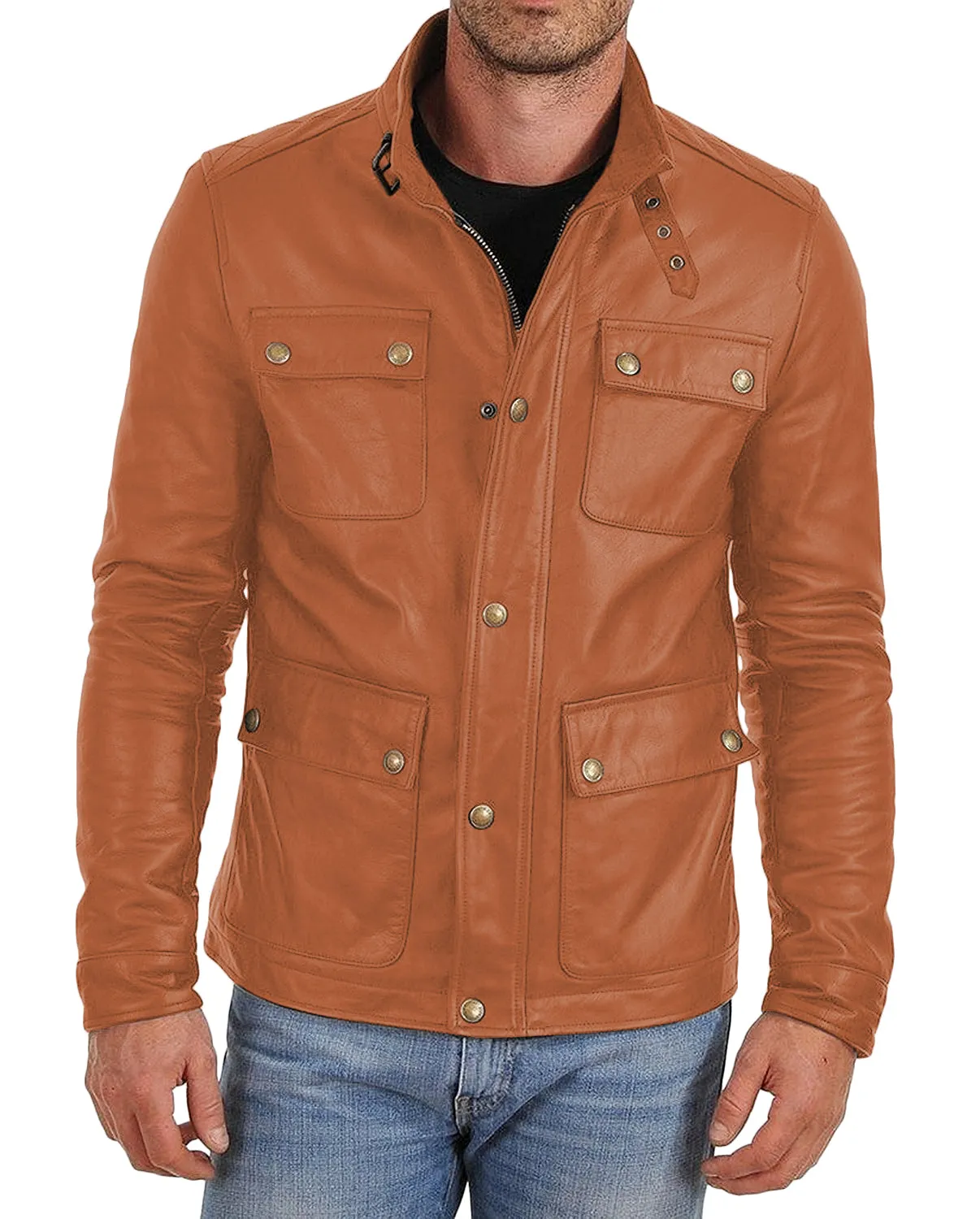 Leather Jackets Hub Mens Genuine Lambskin Leather Jacket (Black, Officer Jacket) - 1501024