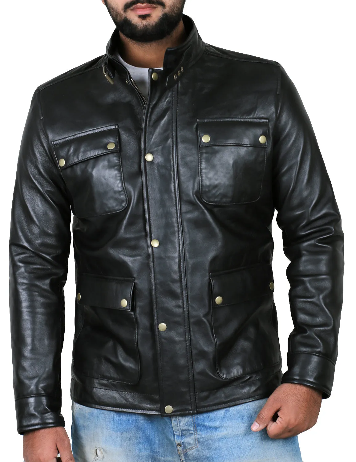 Leather Jackets Hub Mens Genuine Lambskin Leather Jacket (Black, Officer Jacket) - 1501024