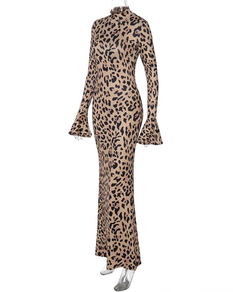 Leopard Print High Collar Stylish Slimming Dress