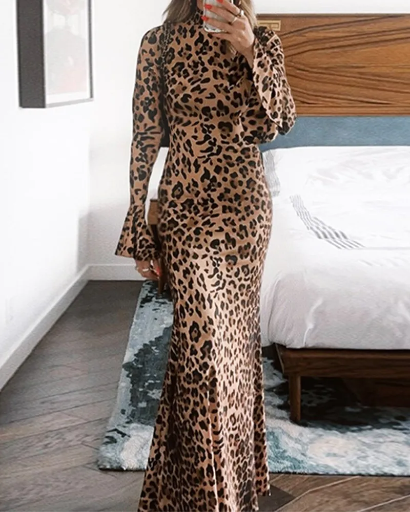 Leopard Print High Collar Stylish Slimming Dress
