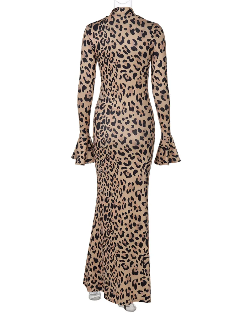 Leopard Print High Collar Stylish Slimming Dress