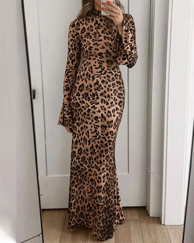 Leopard Print High Collar Stylish Slimming Dress