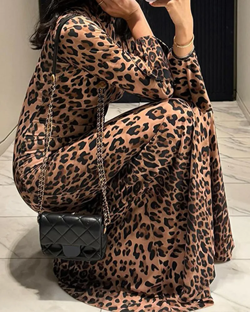 Leopard Print High Collar Stylish Slimming Dress