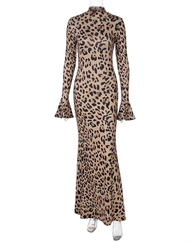 Leopard Print High Collar Stylish Slimming Dress