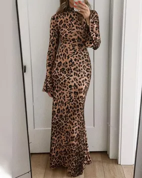 Leopard Print High Collar Stylish Slimming Dress