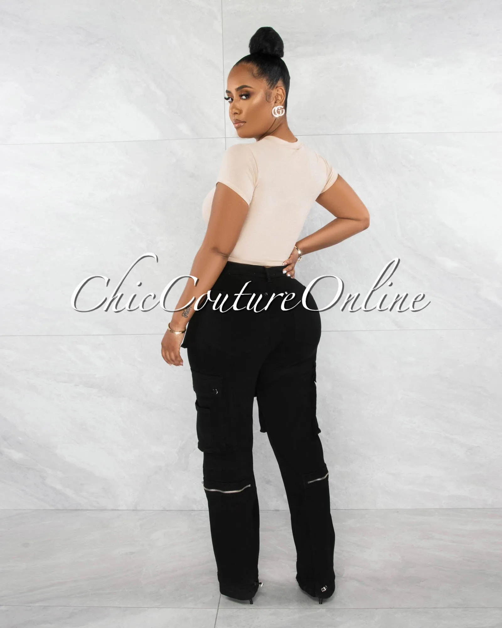 *Madison Black Silver Accents Wide Cargo Pants