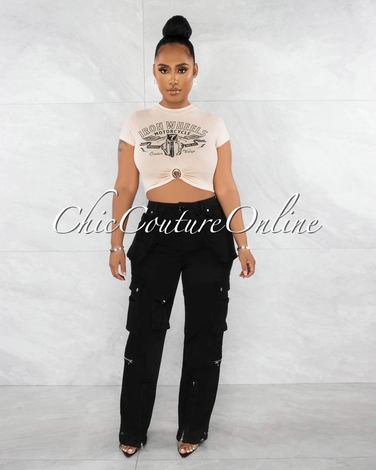 *Madison Black Silver Accents Wide Cargo Pants