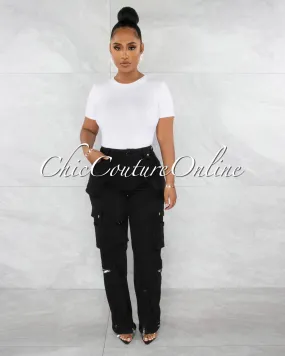 *Madison Black Silver Accents Wide Cargo Pants