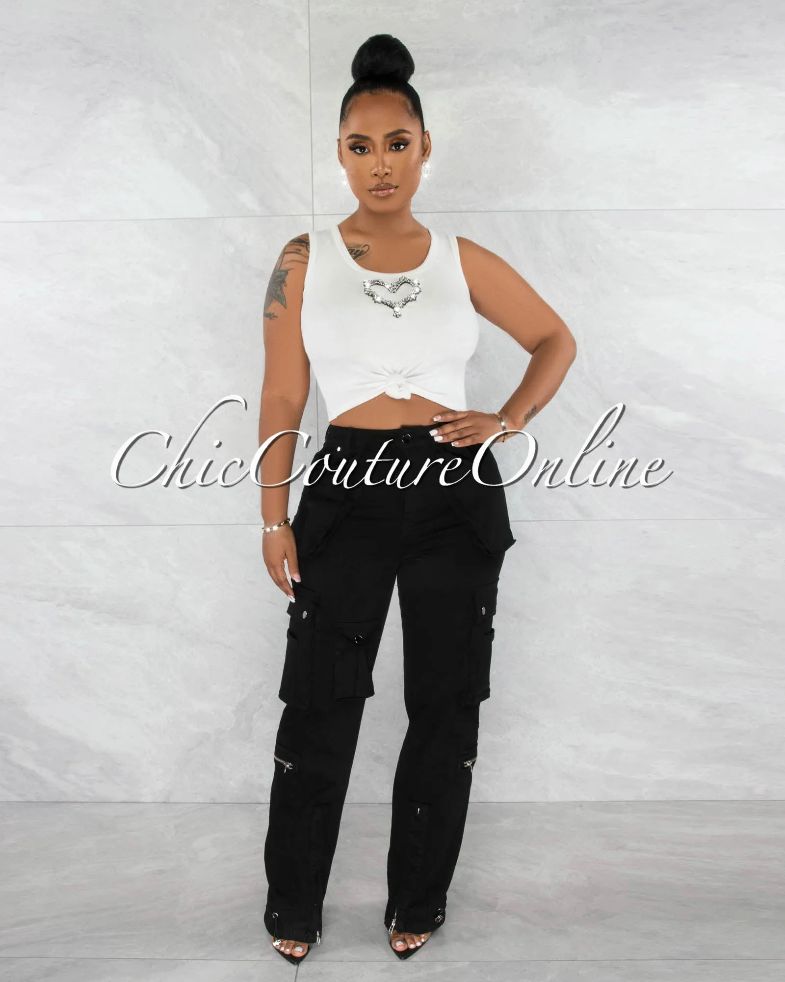 *Madison Black Silver Accents Wide Cargo Pants