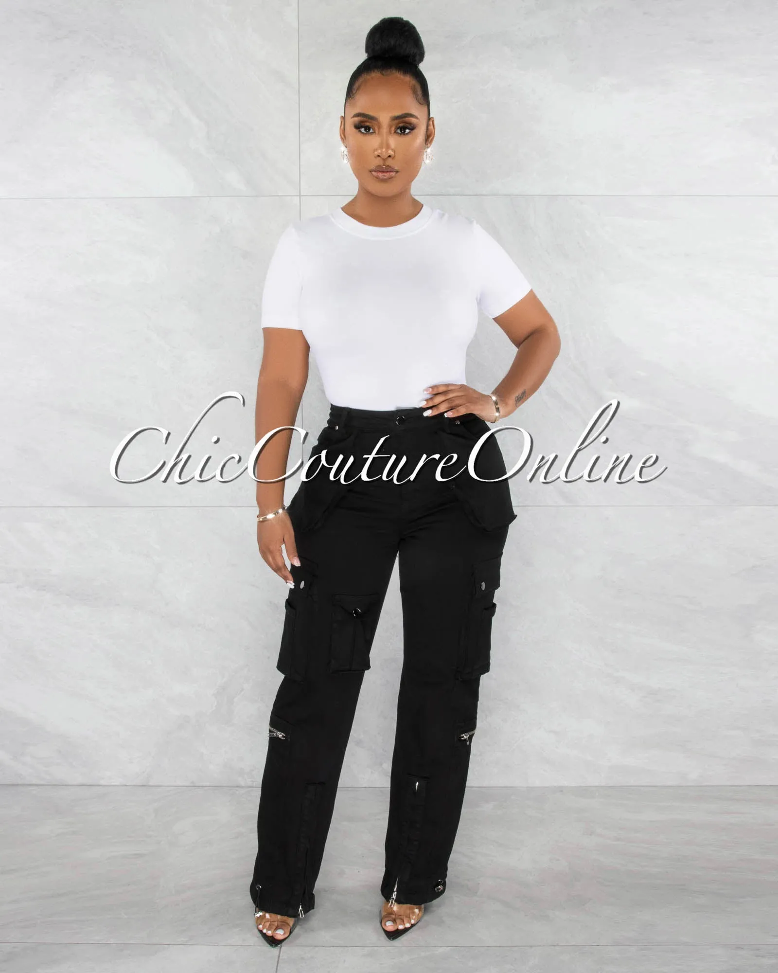 *Madison Black Silver Accents Wide Cargo Pants