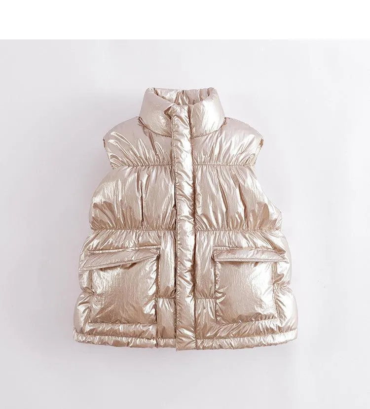 MARC & JANIE Girls Metallic Stand-up Collar Ultralight Down Vest 221657