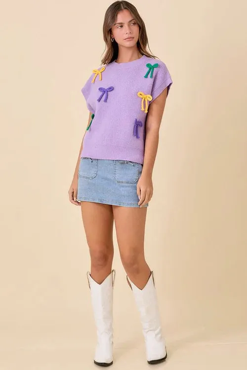Mardi Gras Ribbon Bow Knit Top
