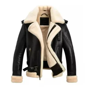 Men's Black Faux Shearling Aviator Bomber Leather Jacket