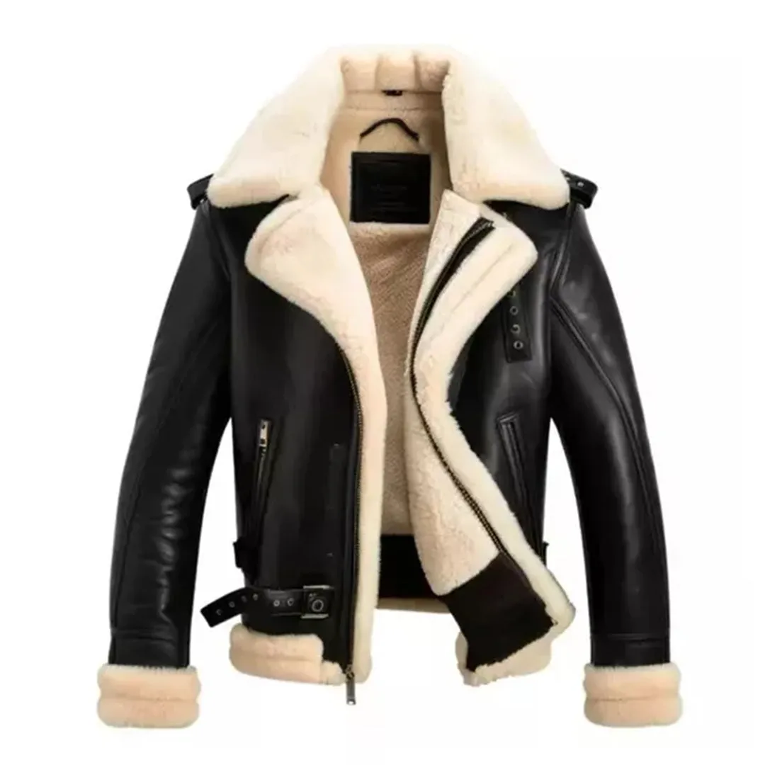 Men's Black Faux Shearling Aviator Bomber Leather Jacket